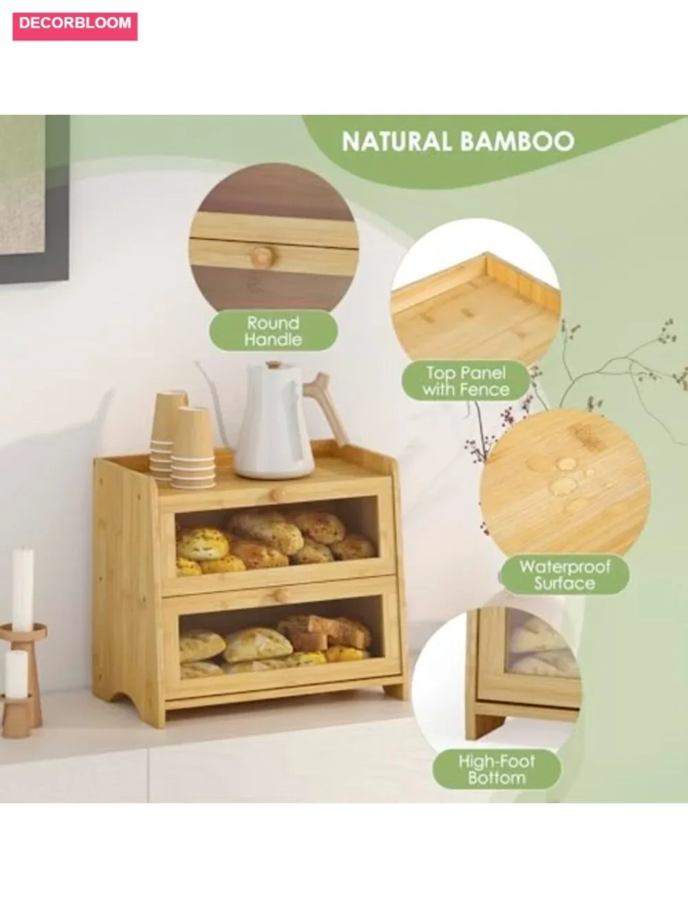 Double Layer Bamboo Bread Box with Acrylic Window for Kitchen Counter